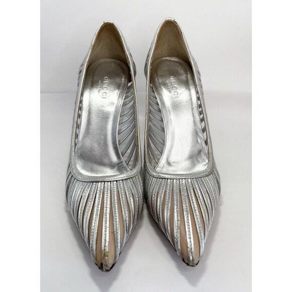 Gucci Silver Leather Heels Laser Cut Stripe Metallic Y2K Vintage Sz EU 36.5C 6.5 - Picture 4 of 10